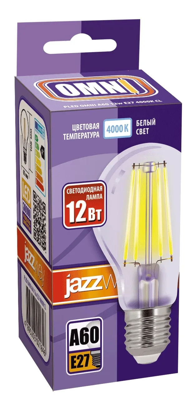 Лампа светодиодная филаментная PLED OMNI 12Вт A60 4000К нейтр. бел. E27 230В/50Гц CL JazzWay 5021846
