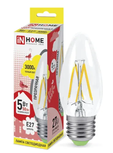 Лампа светодиодная LED-СВЕЧА-deco 5Вт свеча прозрачная 3000К тепл. бел. E27 450лм 230В IN HOME 46906