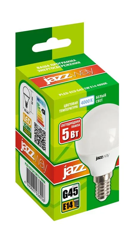 Лампа светодиодная LED 5Вт E14 220В 4000К PLED- ECO-G45 шар | 1036926A | Jazzway