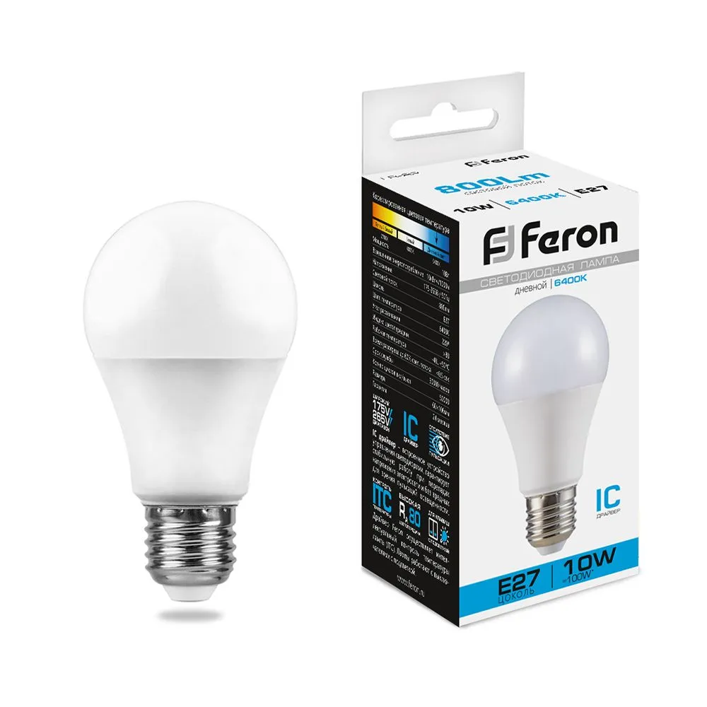 Лампа светодиодная LB-92 10Вт A60 грушевидная 6400К E27 230В FERON 25459