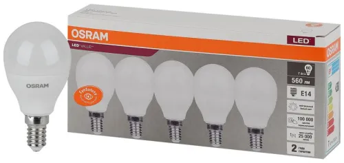 Лампа светодиодная LED Value LVCLP60 7SW/840 7Вт шар матовая E14 230В 2х5 RU (уп.5шт) OSRAM 40580755