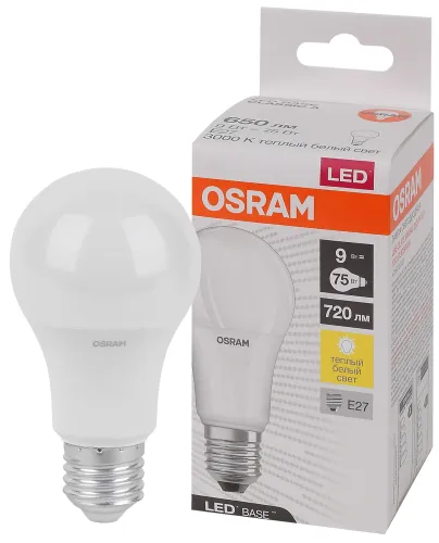Лампа светодиодная LED Base Грушевидная 9 Вт (замена 75 Вт), 650Лм, 3000К, цоколь E27 OSRAM