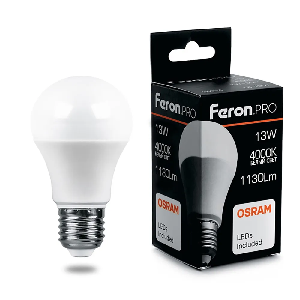 Лампа светодиодная LB-1013 13Вт A60 грушевидная 4000К E27 230В FERON 38033