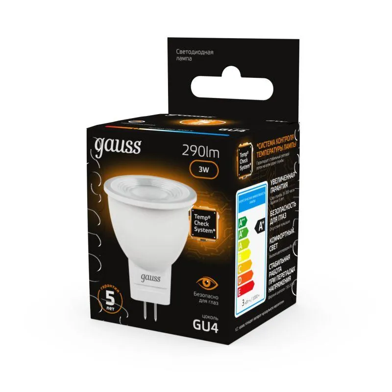 Лампа светодиодная Black 3Вт MR11 софит 3000К тепл. бел. GU4 290лм GAUSS 132517103