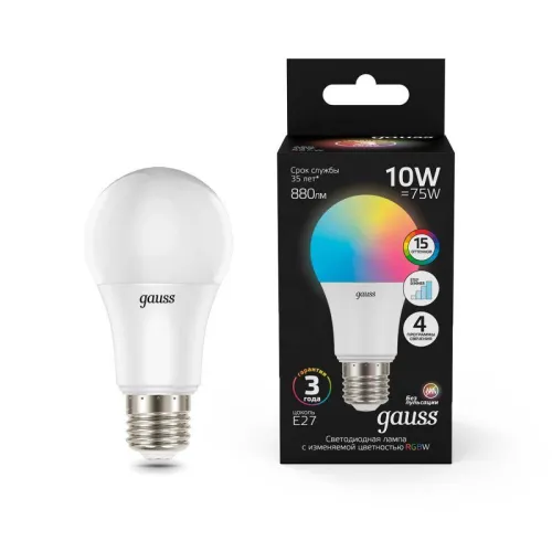 Лампа светодиодная LED 10 Вт 880 лм RGBW А60 груша E27 AC 220В RGBW и димирование от пульта Black Ga