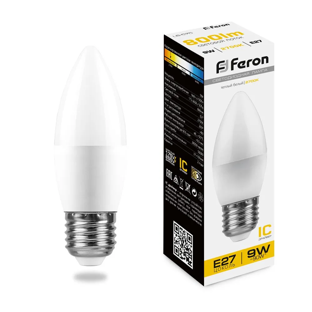 Лампа светодиодная LB-570 9Вт C37 свеча 2700К E27 230В FERON 25936