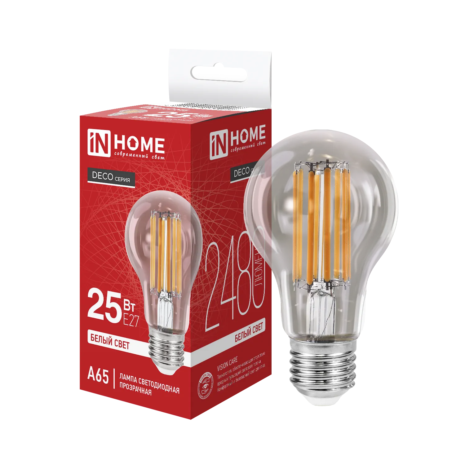 Лампа светодиодная филаментная LED-A65-deco грушевидная прозрачная 25Вт 230В E27 4000К 2480лм IN HOM