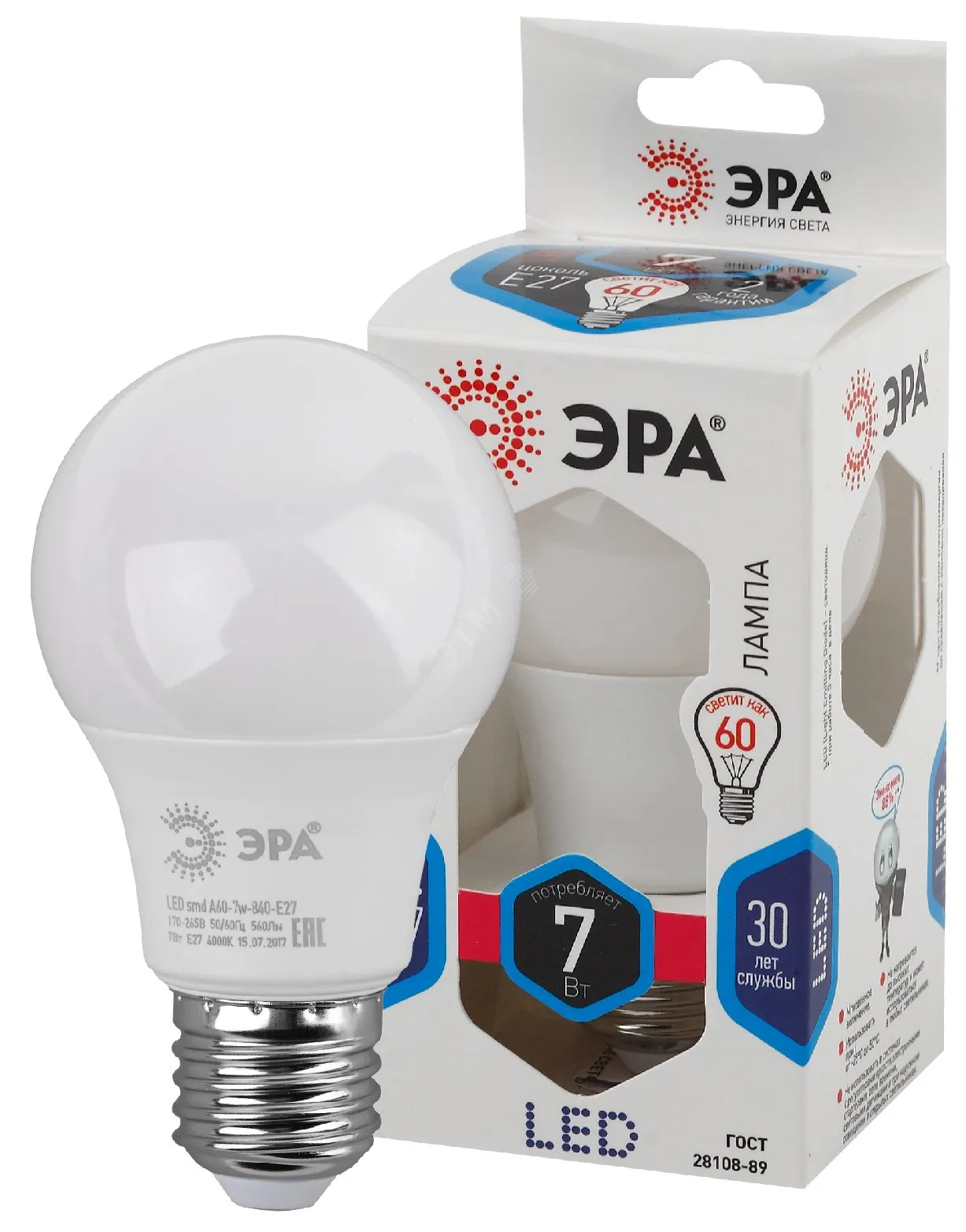 Лампа светодиодная LED A60-7W-840-E27 Лампы СВЕТОДИОДНЫЕ СТАНДАРТ ЭРА (диод, груша, 7Вт, нейтр, E27)