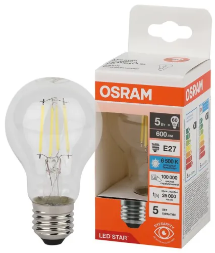 Лампа светодиодная, филаментная 5 Вт E27 6500 K 600 Lm 300 град. LED Star OSRAM 4058075687691