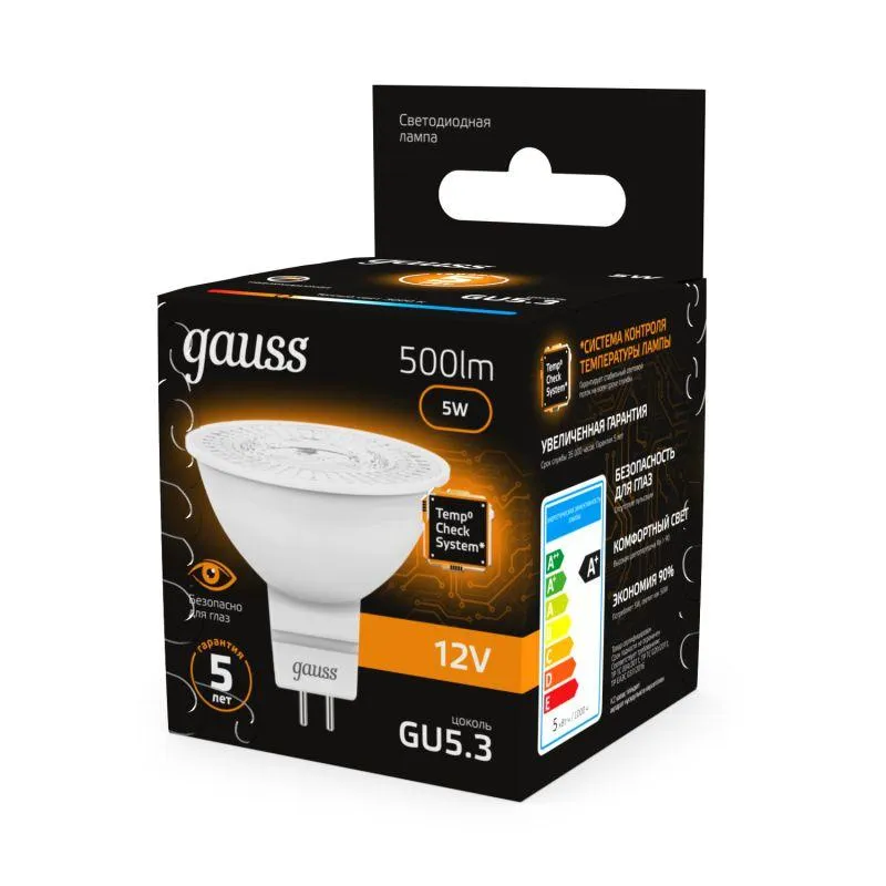 Лампа светодиодная 5 Вт 12В GU5.3 3000 K 500 Lm 120 град. Gauss 201505105