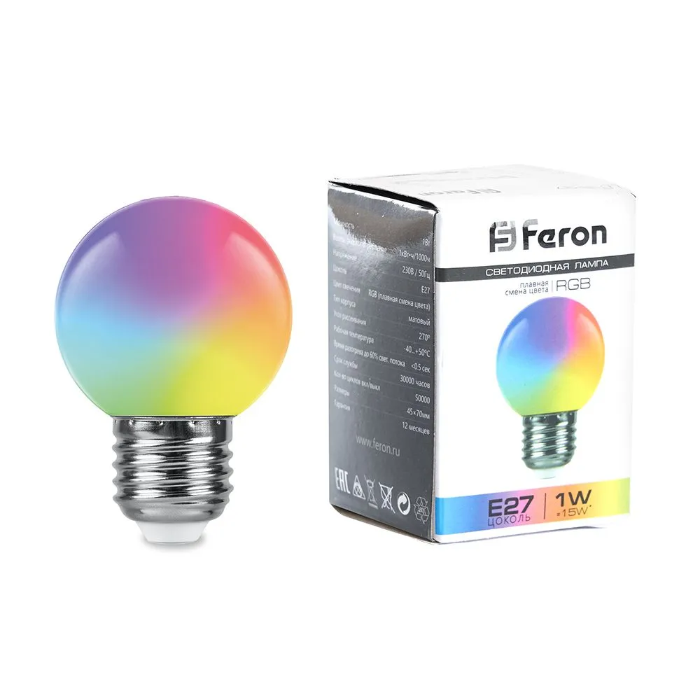 Лампа светодиодная LB-37 1Вт G45 шар матовая E27 230В RGB плавная смена цвета FERON 38116