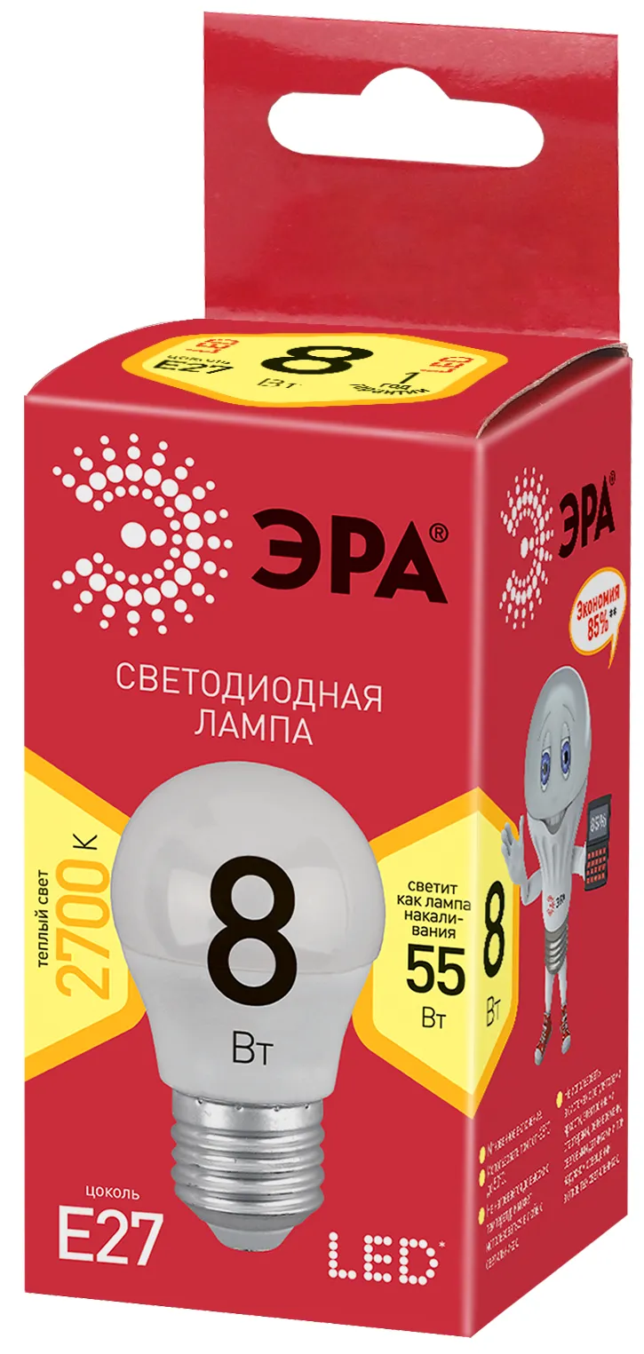 Лампа cветодиодная ECO LED P45-8W-827-E27 (диод, шар, 8Вт, тепл, E27) (10/100/3600) | Б0030024 | ЭРА