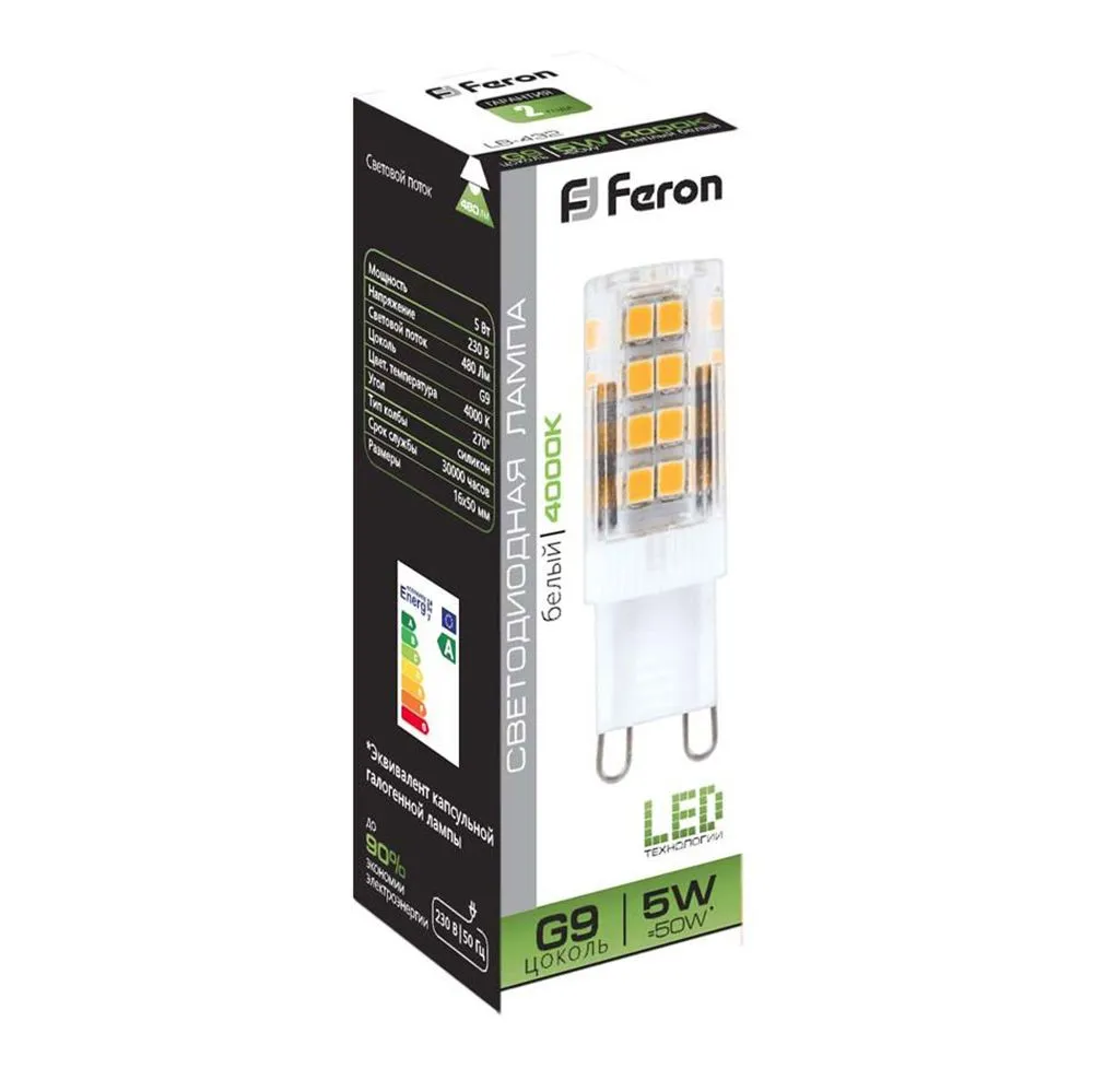 Лампа светодиодная LB-432 5Вт JCD9 4000К G9 230В FERON 25770