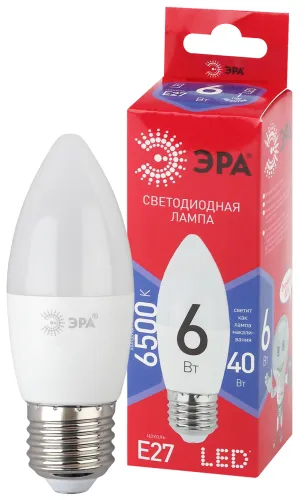 Лампа светодиодная ЭКО LED B35-6W-865-E27 R (диод, свеча, 6Вт, хол, E27) | Б0045340 | ЭРА