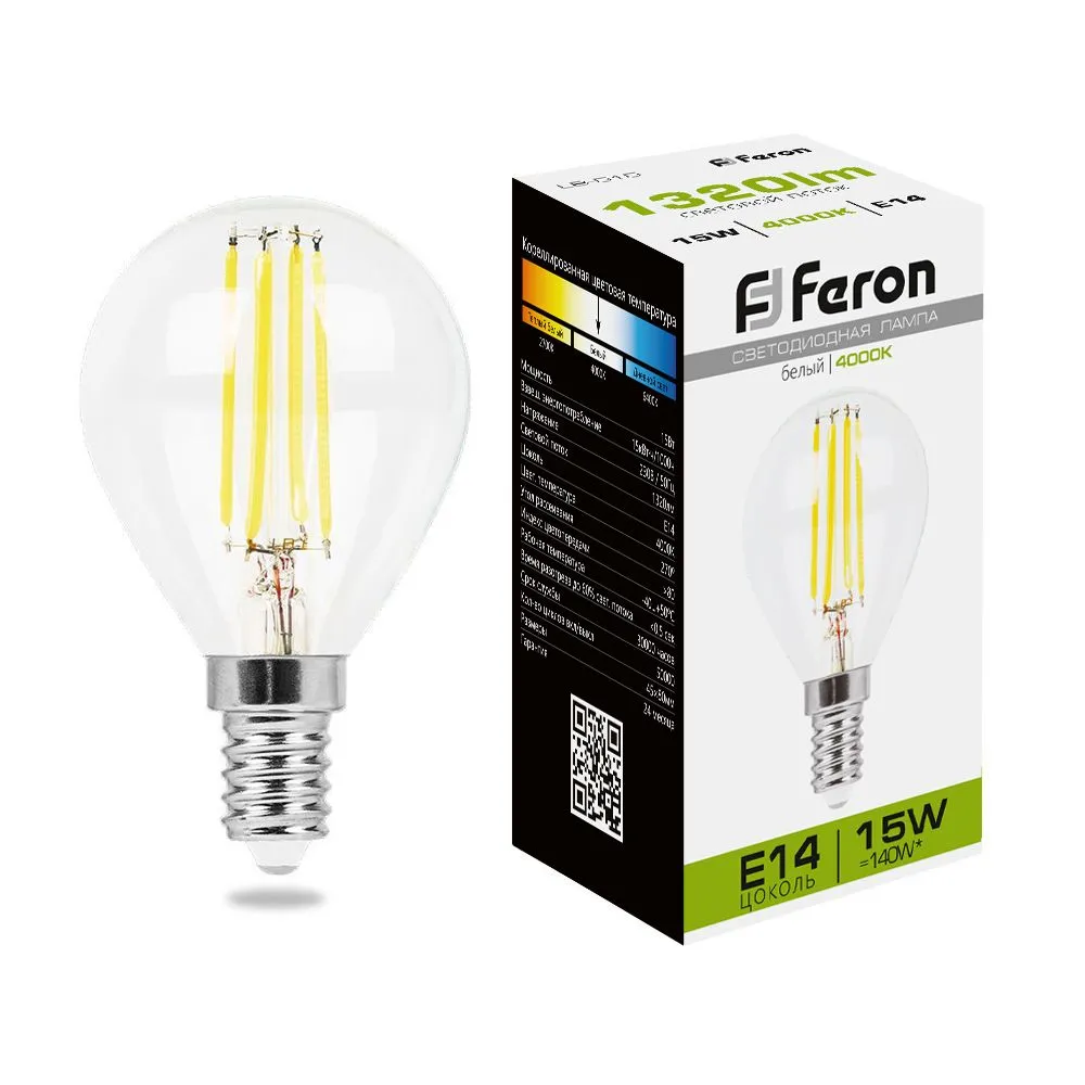 Лампа светодиодная LB-515 15Вт прозрачная 4000К E14 230В FERON 38250