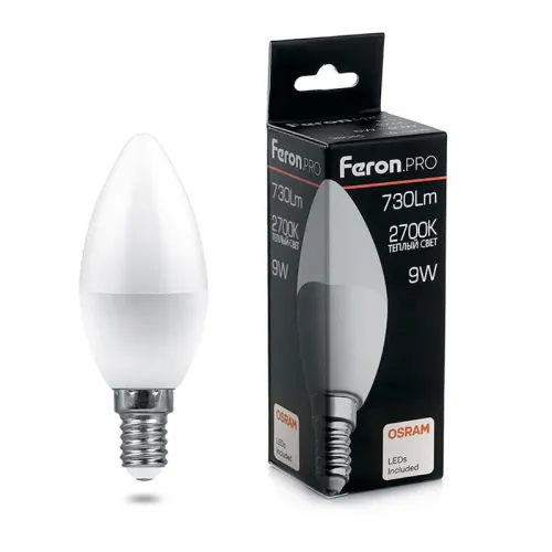 Лампа светодиодная LB-1309 9Вт C37 свеча 2700К E14 230В FERON 38059