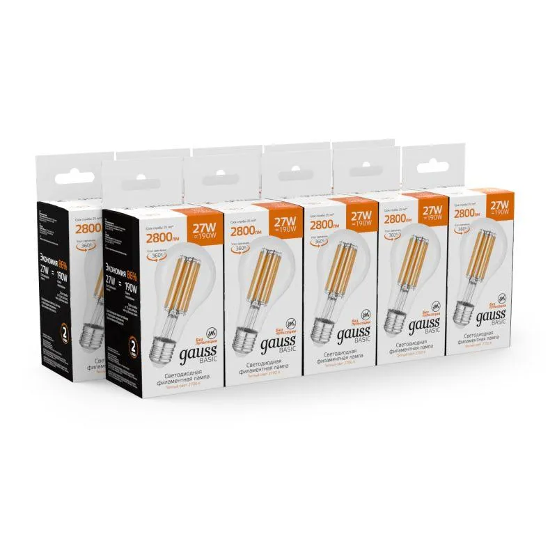 Лампа Gauss Basic Filament А70 27W 2800lm 2700К Е27 LED 1/10/40 40712172