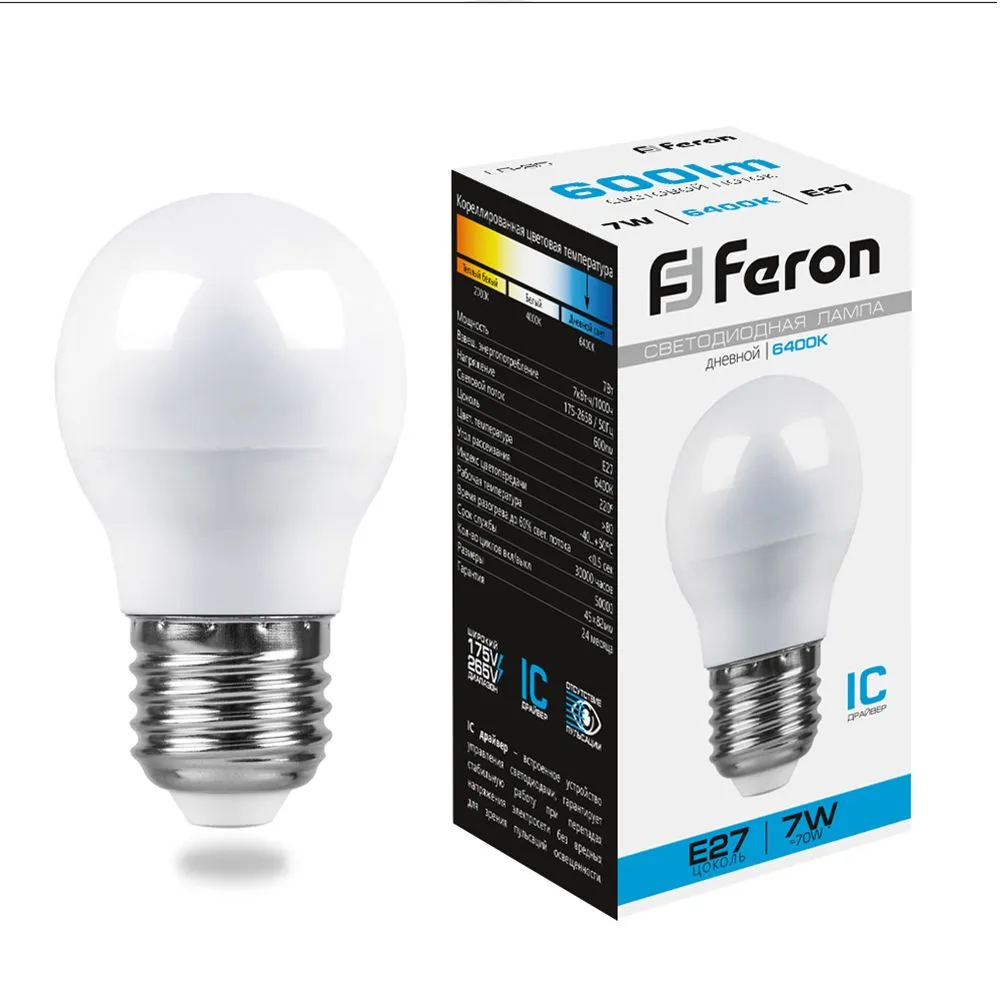 Лампа светодиодная LB-95 7Вт G45 шар 6400К E27 230В FERON 25483