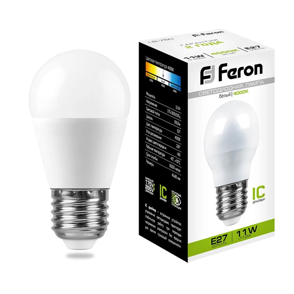 Лампа светодиодная LB-750 11Вт G45 шар 4000К E27 230В FERON 25950