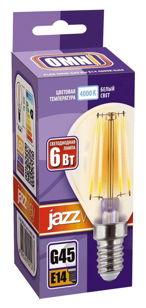 Лампа светодиодная филаментная PLED OMNI 6Вт G45 4000К нейтр. бел. E14 230В/50Гц Gold JazzWay 502127