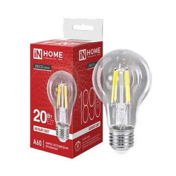 Лампа светодиодная филаментная LED-A60-deco грушевидная прозрачная 20Вт 230В E27 4000К 1890лм IN HOM