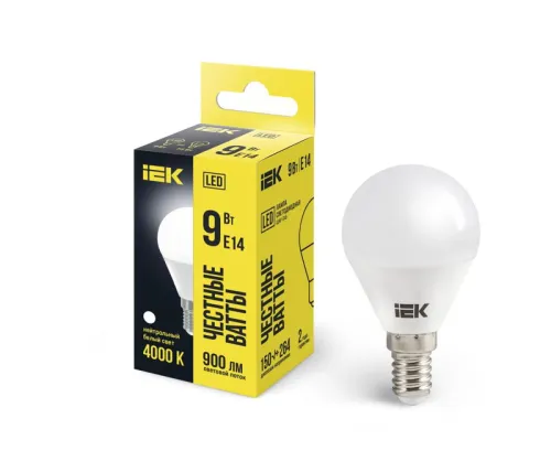 Лампа светодиодная Eco G45 9Вт шар 4000К нейтр. бел. E14 230В IEK LLE-G45-9-230-40-E14