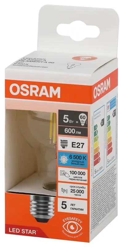 Лампа светодиодная, филаментная 5 Вт E27 6500 K 600 Lm 300 град. LED Star OSRAM 4058075687691