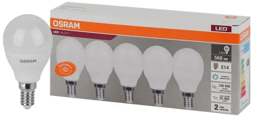 Лампа светодиодная LED Value LVCLP60 7SW/865 7Вт шар матовая E14 230В 2х5 RU (уп.5шт) OSRAM 40580755