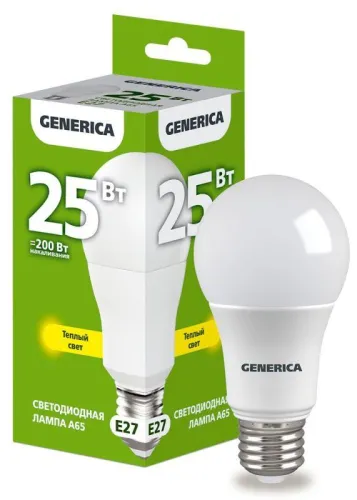 Лампа светодиодная A65 груша 25Вт 230В 3000К E27  | LL-A65-25-230-30-E27-G | GENERICA