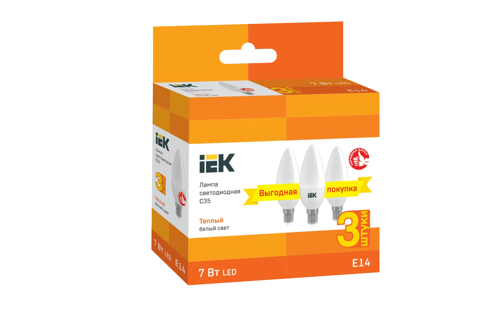 Лампа светодиодная LED C35 свеча 7Вт 230В 3000К E14 (3шт/упак) | LLE-C35-07-230-30-E14-3 | IEK