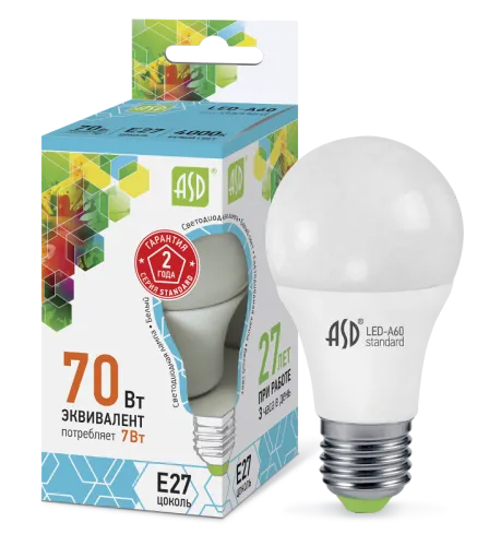 Лампа светодиодная LED-A60-standard 7Вт 230В Е27 4000К 630Лм | 4690612001678 | ASD