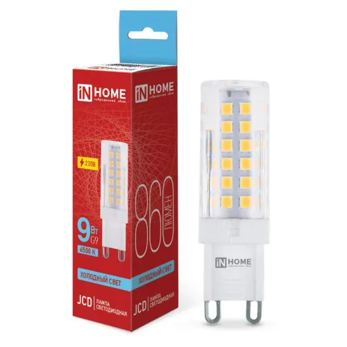 Лампа светодиодная LED-JCD 9Вт капсульная прозрачная 6500К холод. бел. G9 860лм 230В IN HOME 4690612