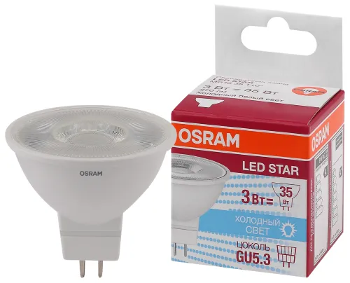Лампа светодиодная LED 3Вт GU5.3,110°, STAR MR16 (замена 35Вт),холодный белый свет Osram