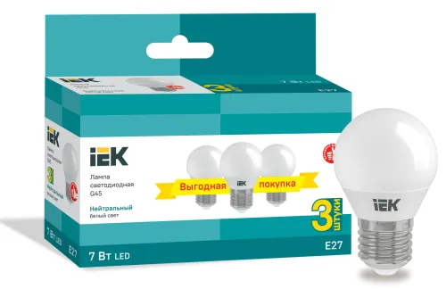 Лампа светодиодная G45 шар 7Вт 230В 4000К E27 (3шт/упак) IEK