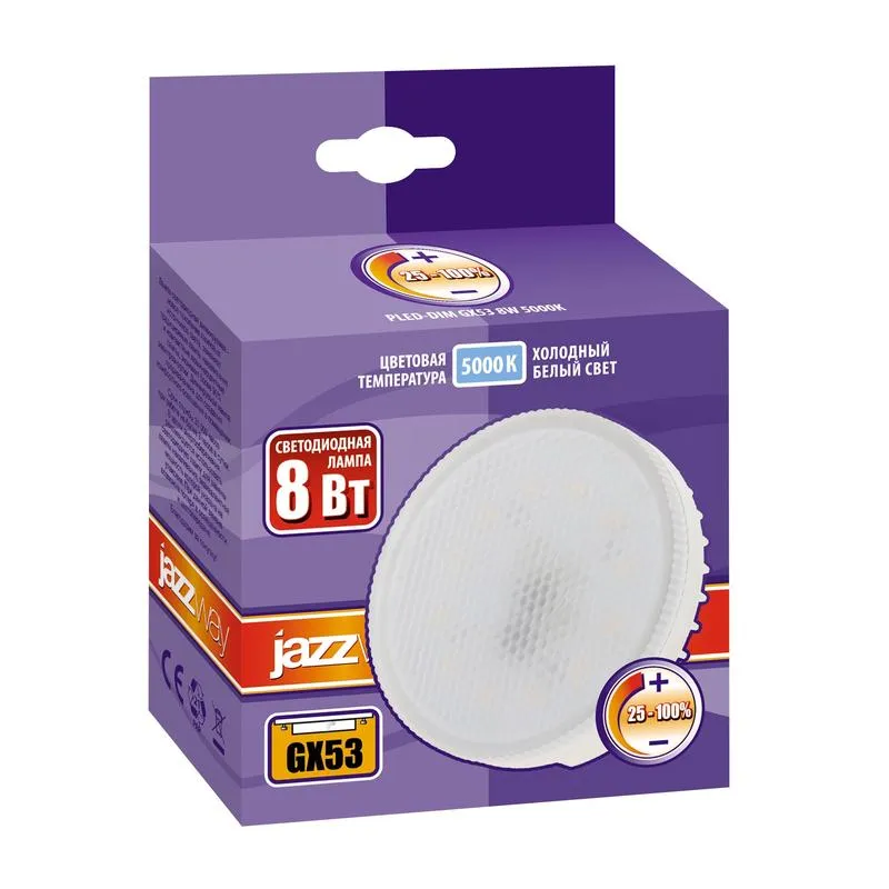 Лампа светодиодная LED 8Вт GX53 230В 5000К PLED- DIM таблетка | 5011281 | Jazzway
