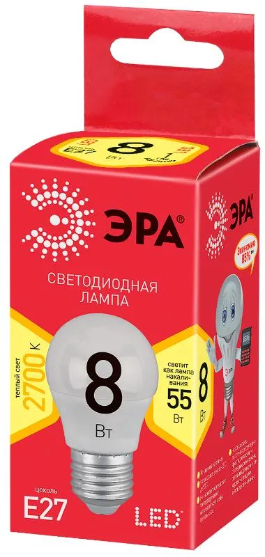 Лампа cветодиодная ECO LED P45-8W-827-E27 (диод, шар, 8Вт, тепл, E27) (10/100/3600) | Б0030024 | ЭРА
