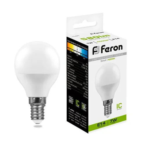 Лампа светодиодная LB-95 7Вт G45 шар 4000К E14 230В FERON 25479