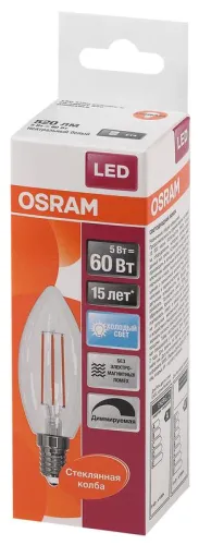 Лампа светодиодная филаментная LED STAR Classic B 5W, прозрачная колба, Е14 LSCLB60D 5W/840 230V FIL