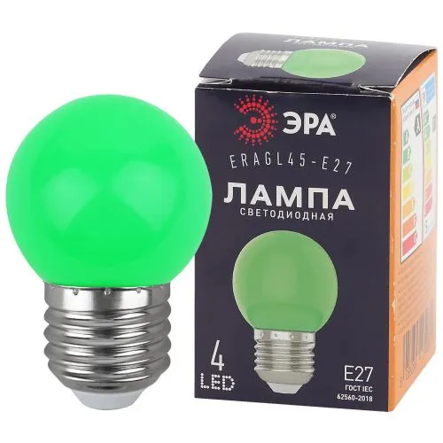 Лампы cветодиодные ERAGL45-E27 LED Р45-1W-E27 (диод. шар, зел., 4SMD, 1W, E27, для белт-лайт) (10/10