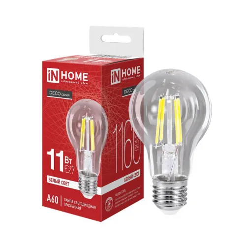 Лампа светодиодная LED-A60-deco 11Вт грушевидная прозрачная 4000К нейтр. бел. E27 1160лм 230В IN HOM