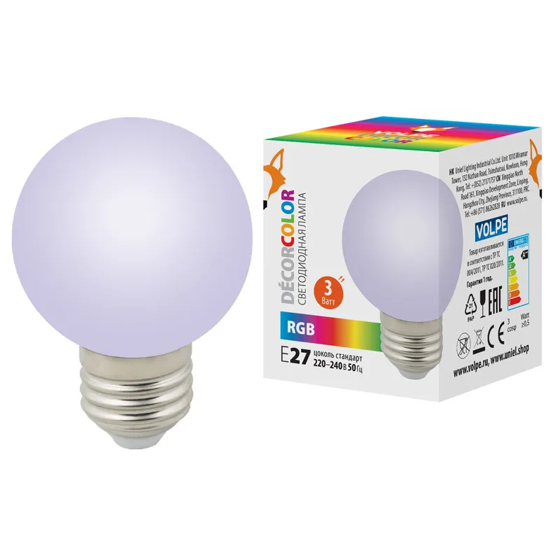 Лампа декоративная светодиод. LED-G60-3W/RGB/E27/FR/С Шармат RGB упак. картон. Volpe UL-00006960