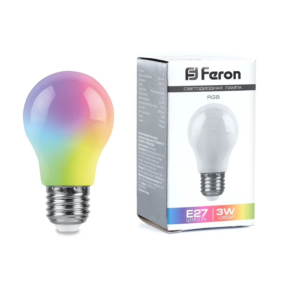 Лампа светодиодная LB-375 3Вт A50 грушевидная матовая E27 230В RGB плавная смена цвета FERON 38118