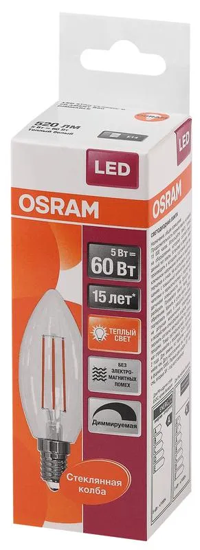Лампа светодиодная филаментная LED STAR Classic B 5W, прозрачная колба, Е14 LSCLB60D 5W/827 230V FIL