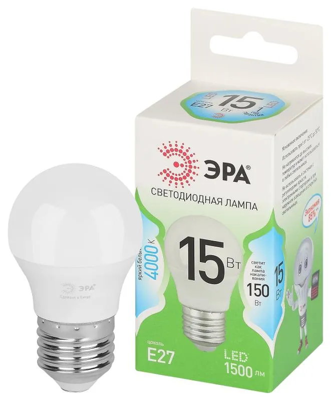 Лампа светодиодная GREEN LINE P45-15W-840-E27 GL E27 15Вт шар яркий свет бел. Эра Б0066996