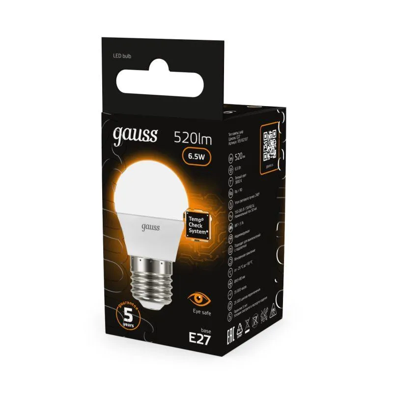 Лампа светодиодная Black 6.5Вт P45 шар 3000К тепл. бел. E27 520лм GAUSS 105102107