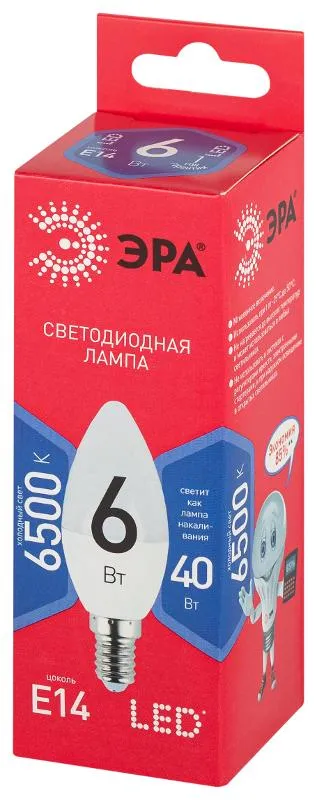 Лампа светодиодная ЭКО LED B35-6W-865-E14 R (диод, свеча, 6Вт, хол, E14) | Б0045339 | ЭРА