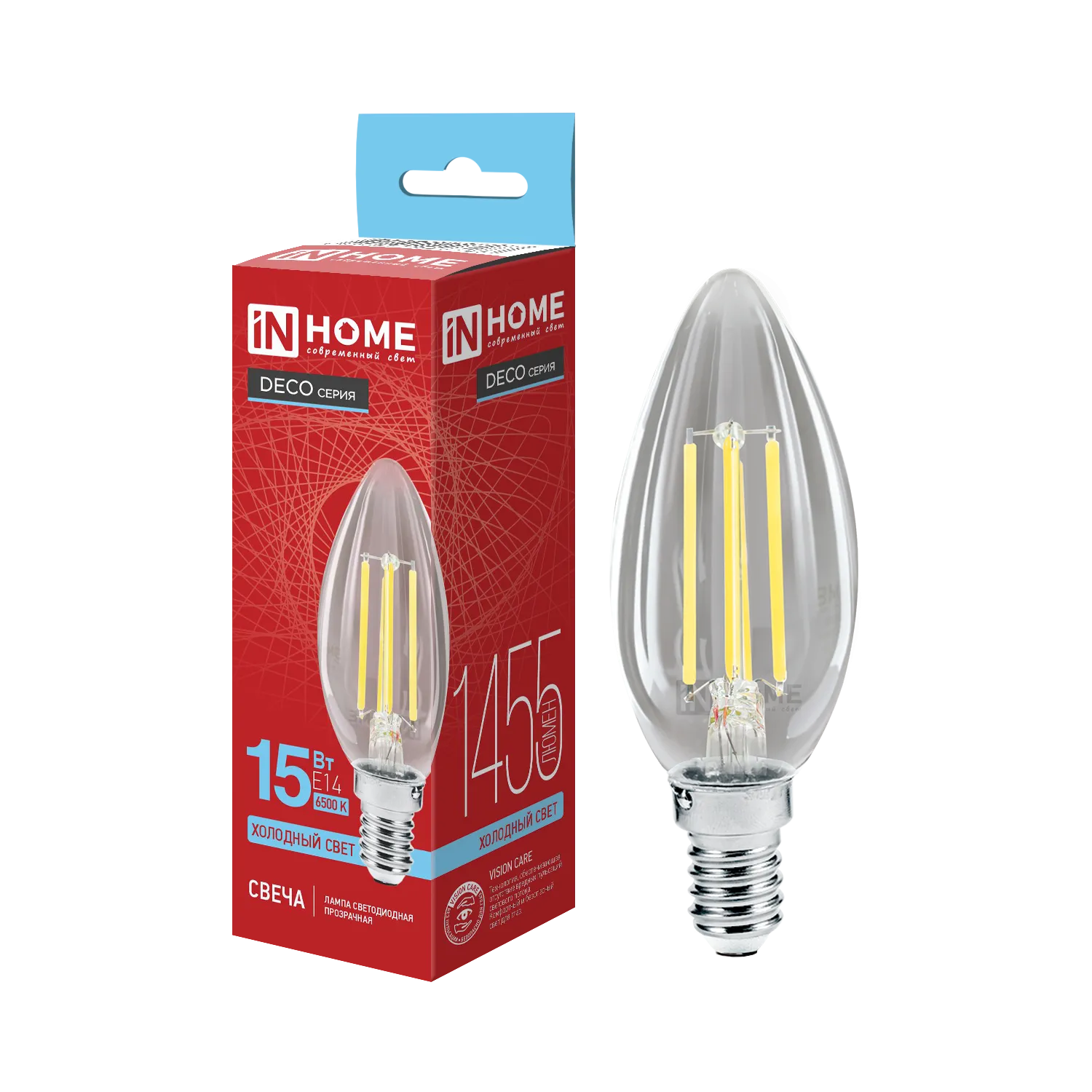 Лампа светодиодная филаментная LED-СВЕЧА-deco свеча прозрачная 15Вт 230В E14 6500К 1455лм IN HOME 46