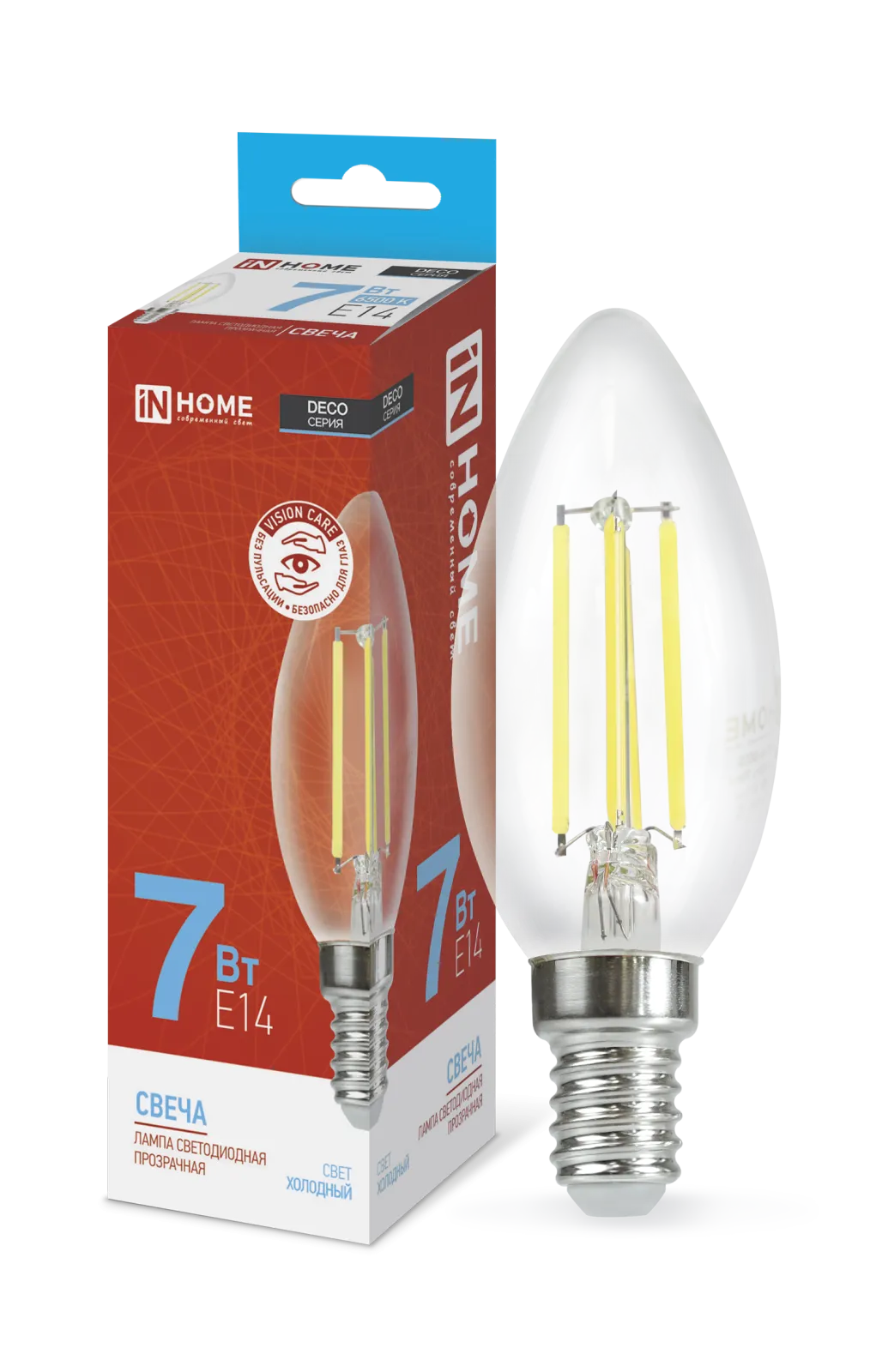 Лампа светодиодная LED-СВЕЧА-deco 7Вт свеча прозрачная 6500К холод. бел. E14 810лм 230В IN HOME 4690