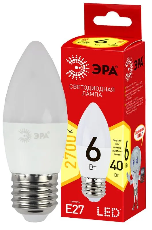 Лампа светодиодная LED  6Вт Е27 220В 2700К smd B35 ECO свеча | Б0020620 | ЭРА