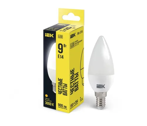 Лампа светодиодная ECO C35 9Вт свеча 3000К E14 230В IEK LLE-C35-9-230-30-E14